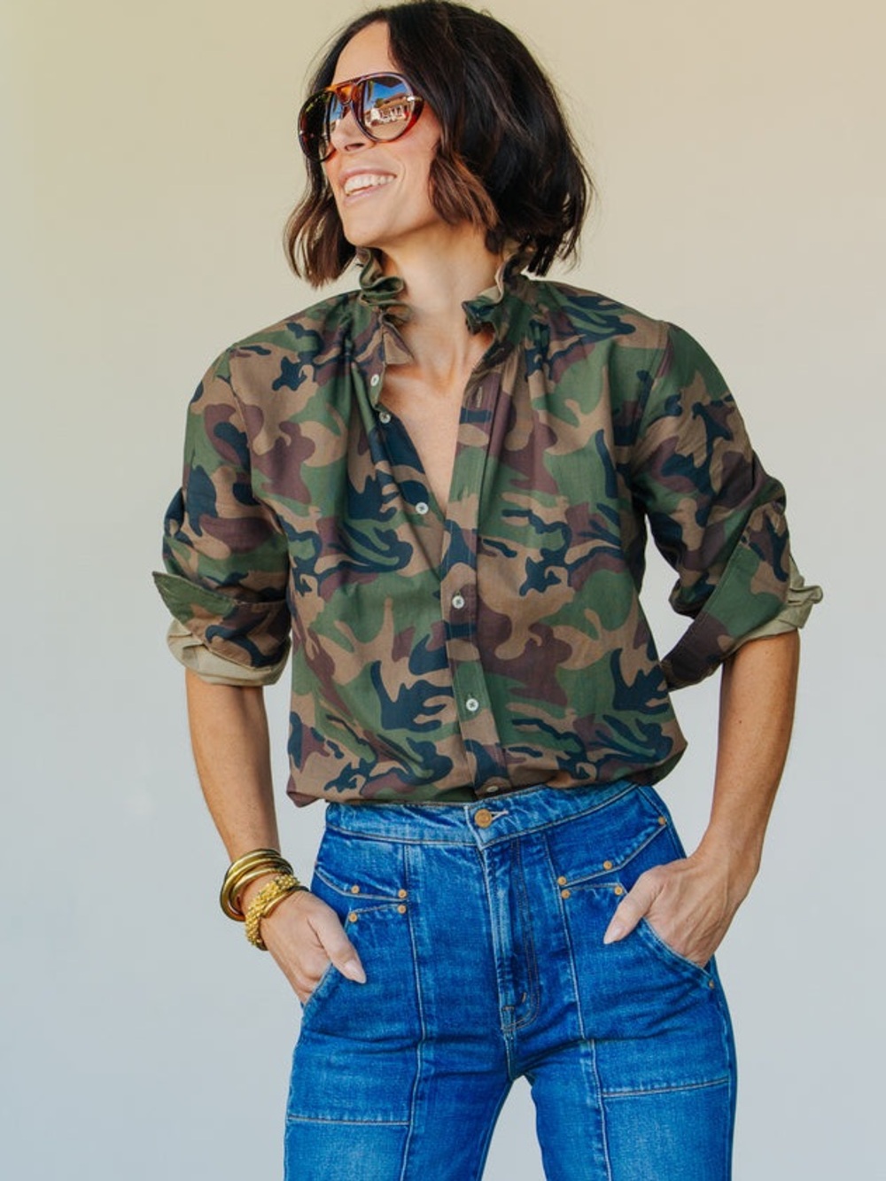 Camo Blouse Military Ruffle Button Up KMJ Kate McHale Jensen Quarantina Size S
